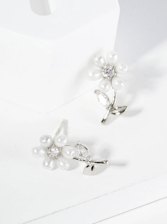 18K Gold Dipped Pearl Cubic Zirconia Flower Stud Earrings