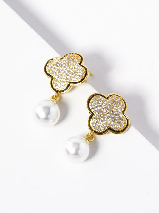 18K Gold Dipped Pearl Drop CZ Pave Quatrefoil Dangle 925 Sterling Silver Post Earrings