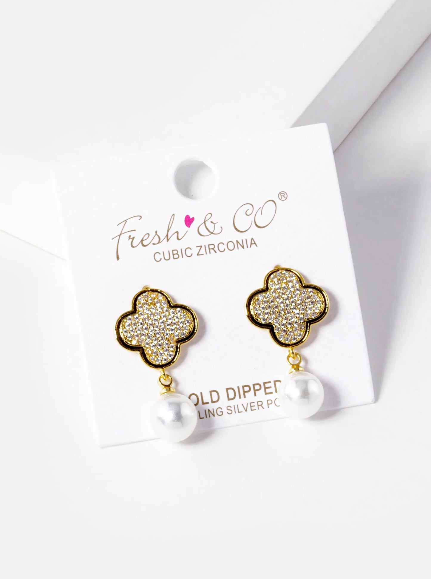 18K Gold Dipped Pearl Drop CZ Pave Quatrefoil Dangle 925 Sterling Silver Post Earrings