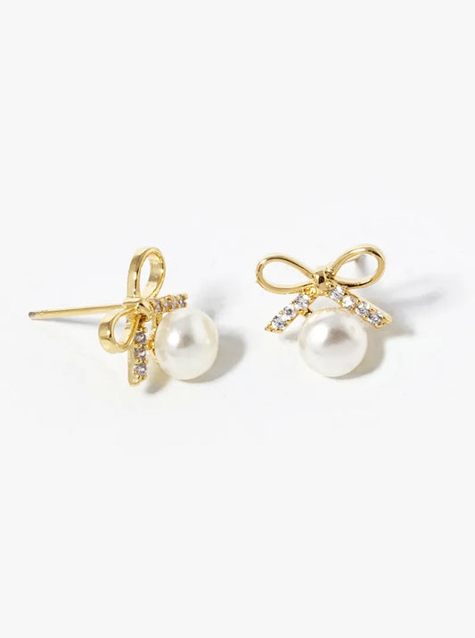18K Gold Dipped Pearl Drop CZ Pave Ribbon Bow Stud Earrings