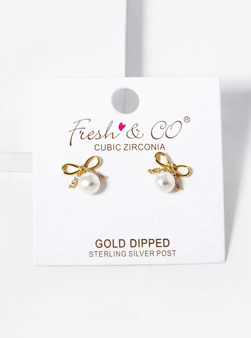 18K Gold Dipped Pearl Drop CZ Pave Ribbon Bow Stud Earrings