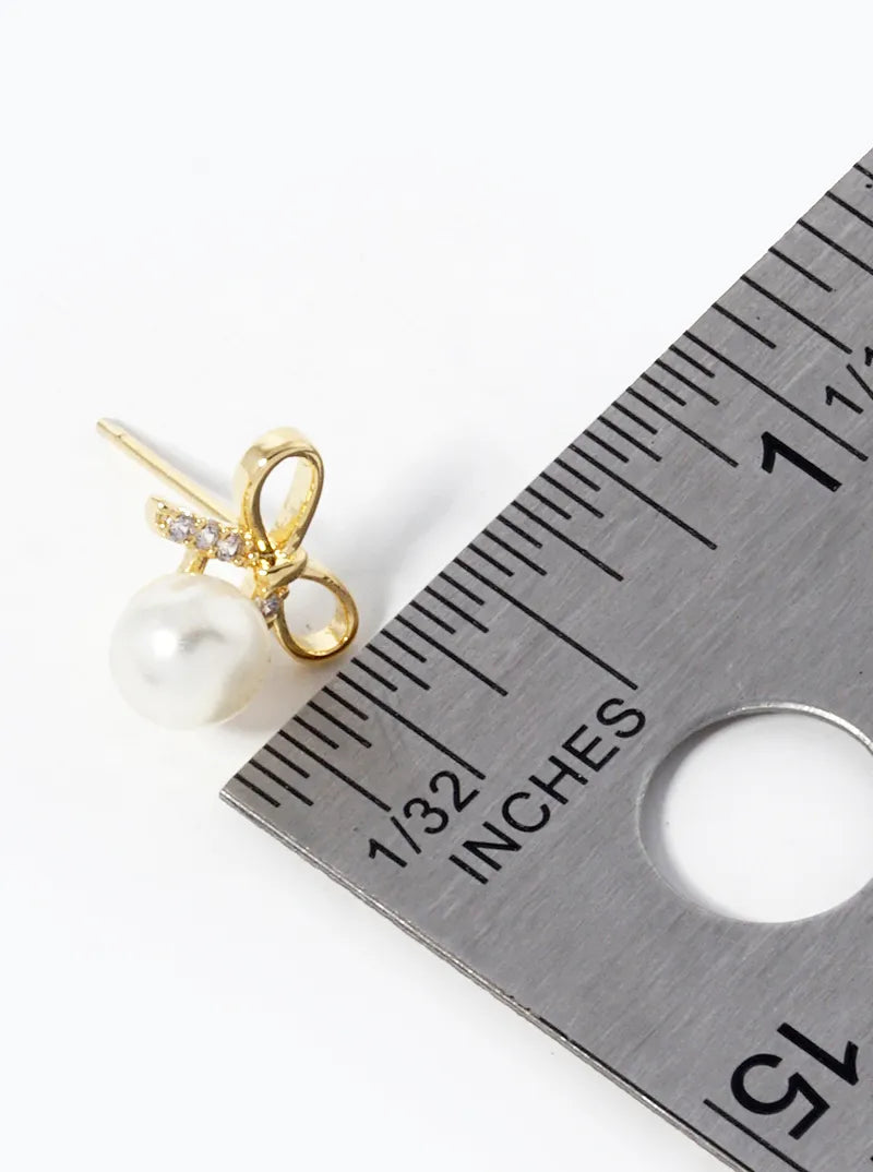 18K Gold Dipped Pearl Drop CZ Pave Ribbon Bow Stud Earrings