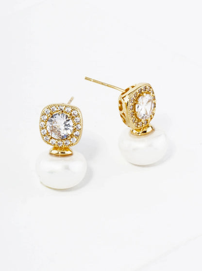 18K Gold Dipped Pearl Drop Cubic Zirconia Stud Earrings