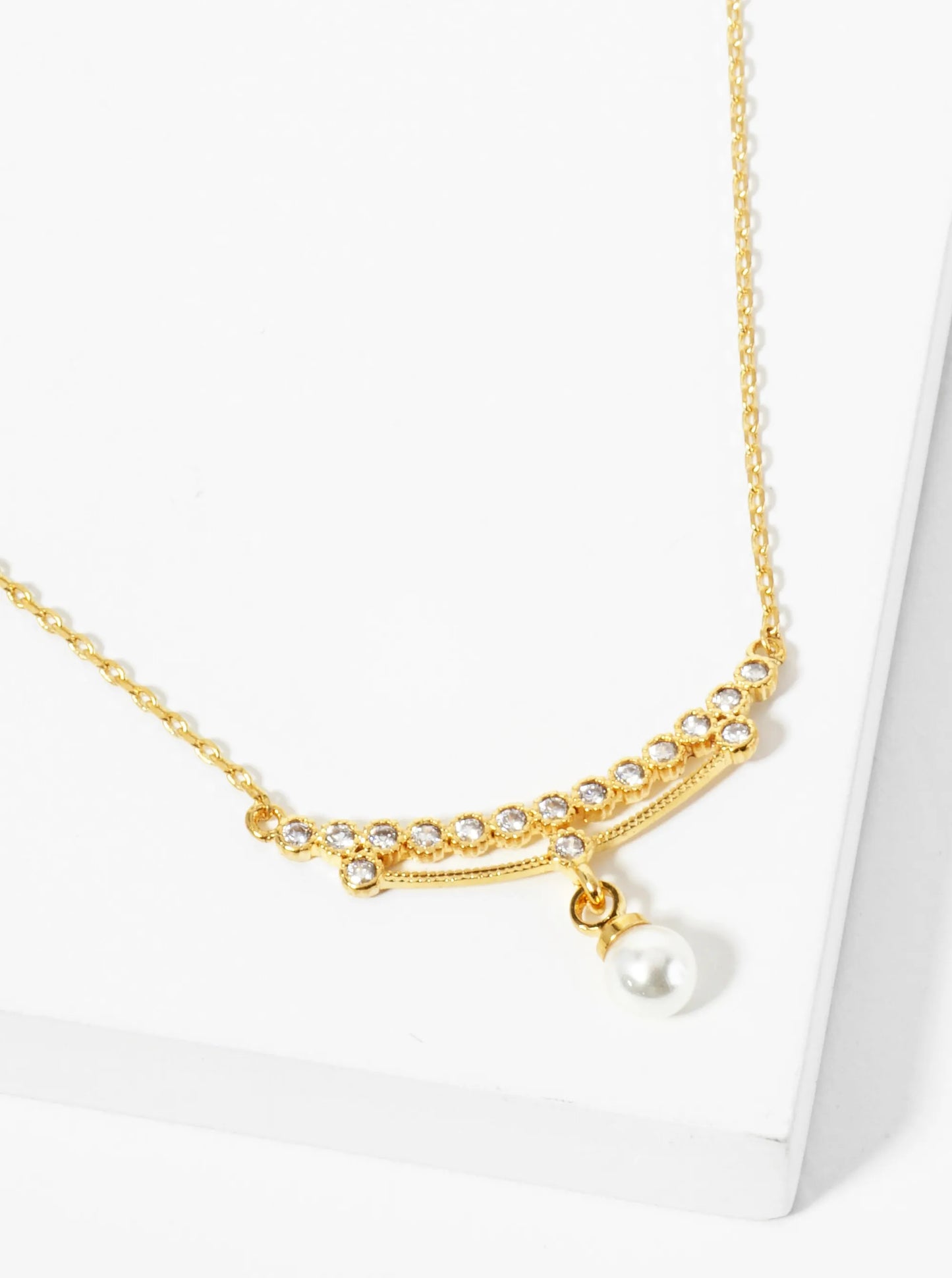 18K Gold Dipped Pearl Drop Curved CZ Bar Pendant Necklace