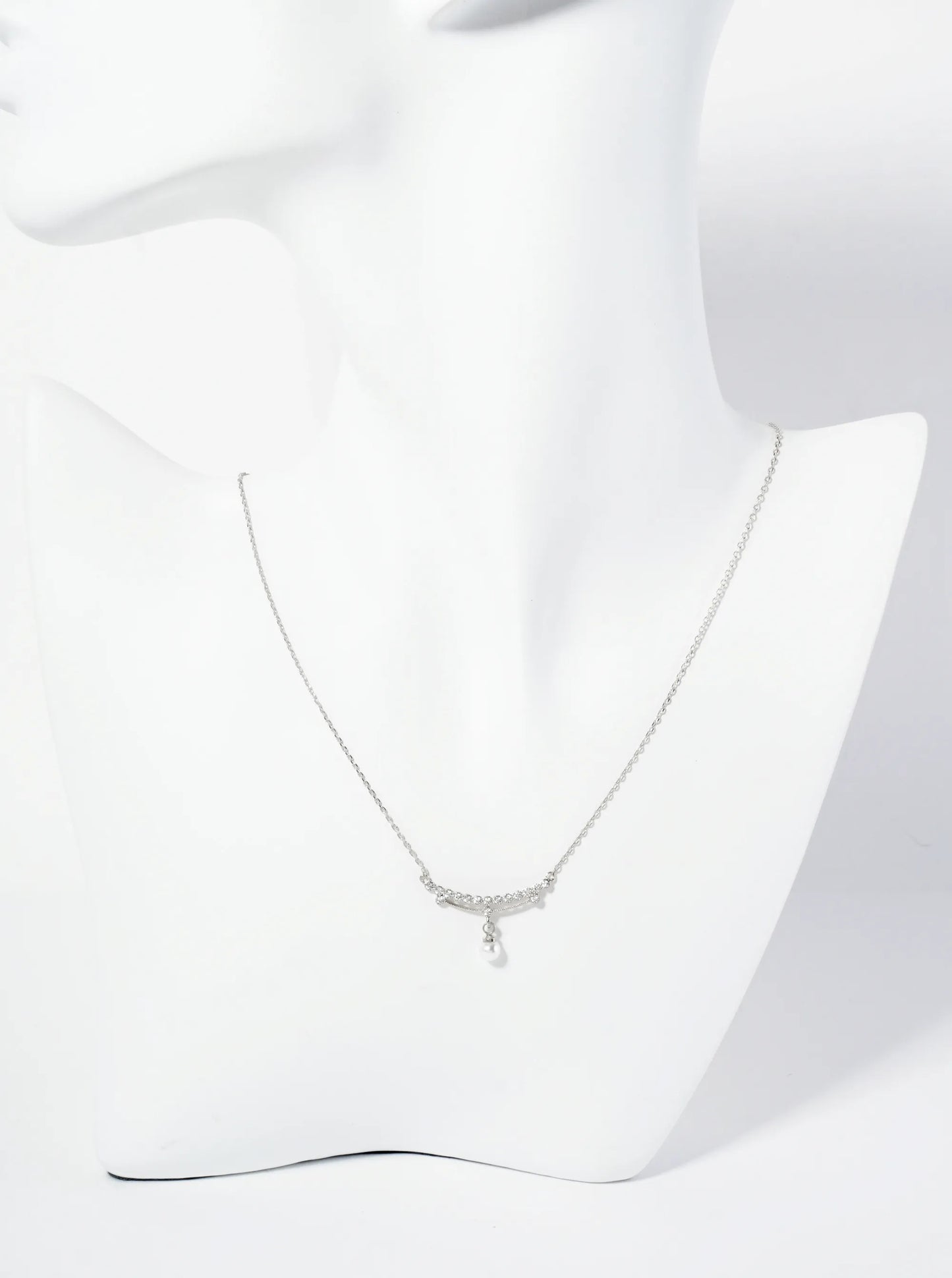 18K Gold Dipped Pearl Drop Curved CZ Bar Pendant Necklace