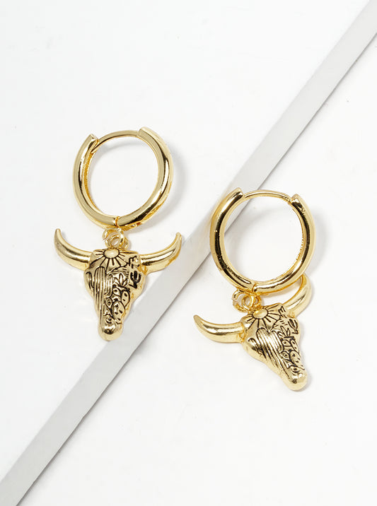 18K Gold Dipped Picturesque Scene Engraved Bull Head Drop 12mm Huggie Hoop Earrings