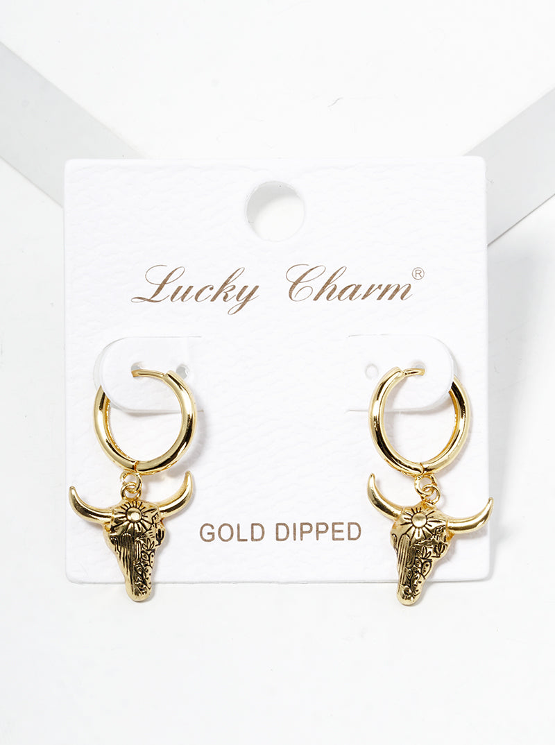 18K Gold Dipped Picturesque Scene Engraved Bull Head Drop 12mm Huggie Hoop Earrings