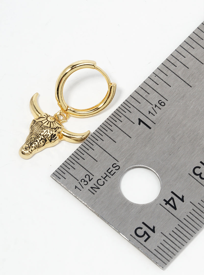 18K Gold Dipped Picturesque Scene Engraved Bull Head Drop 12mm Huggie Hoop Earrings
