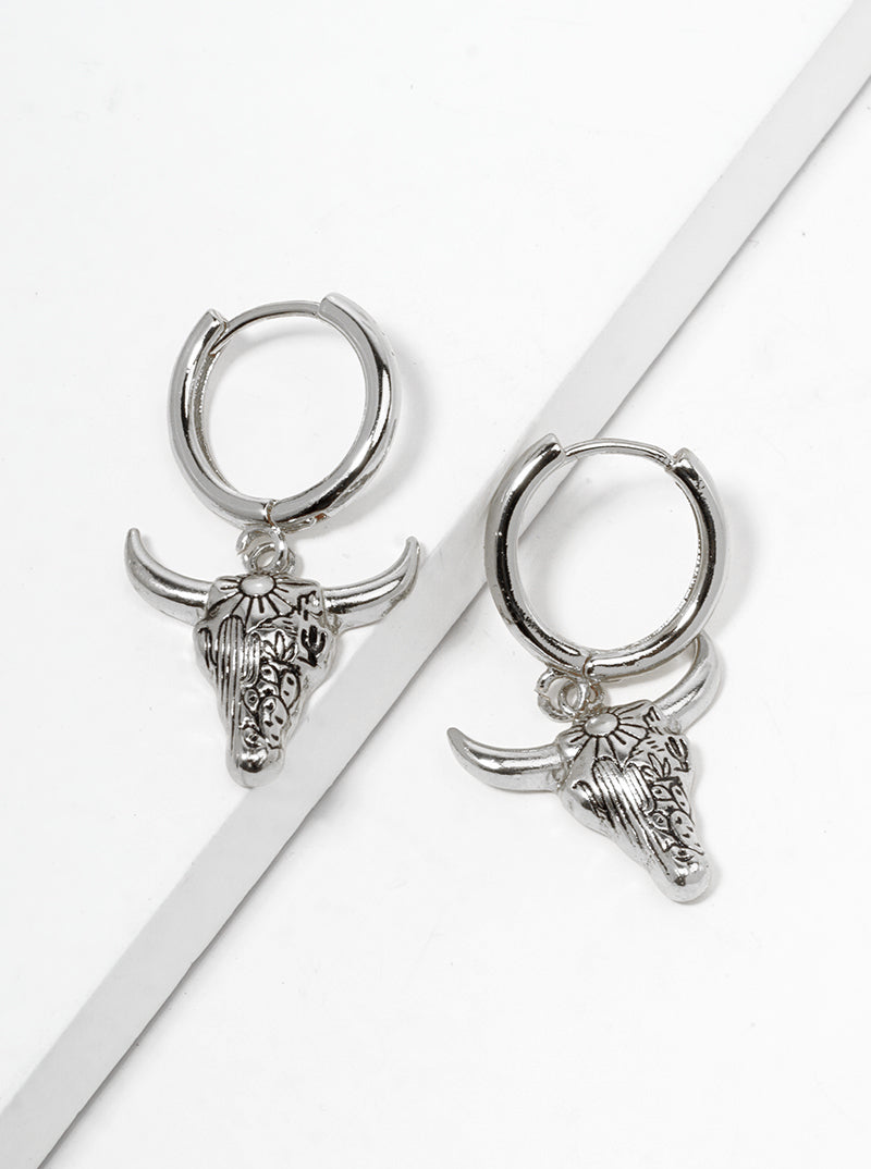 18K Gold Dipped Picturesque Scene Engraved Bull Head Drop 12mm Huggie Hoop Earrings