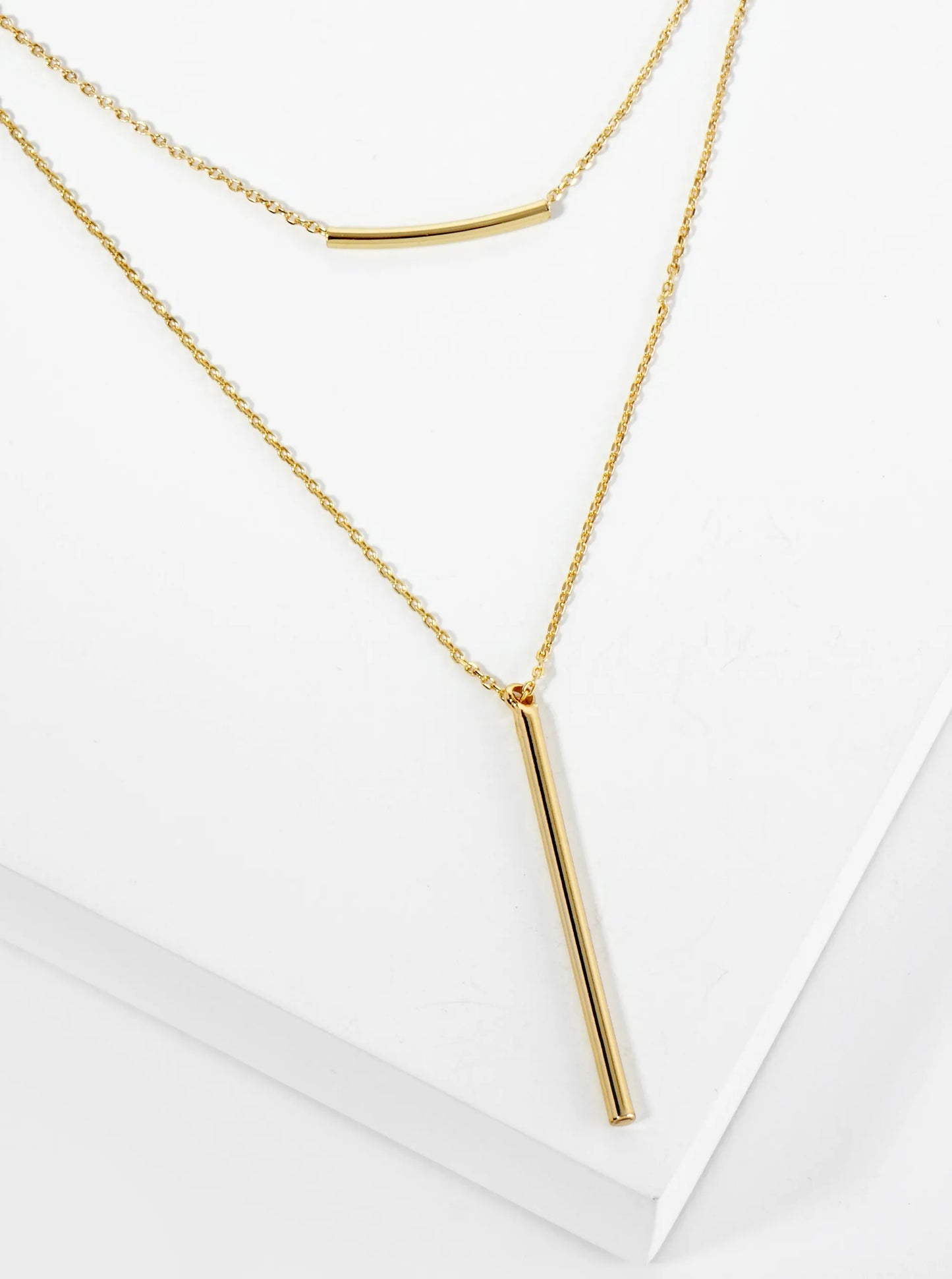 18K Gold Dipped Polished Vertical Bar Pendant Layered Necklace