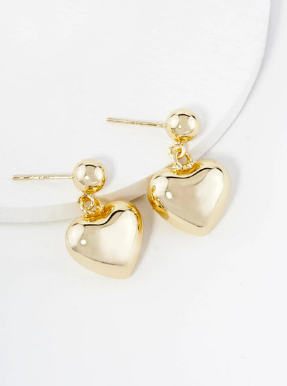 18K Gold Dipped Puffy Heart Drop Dangle Post Earrings
