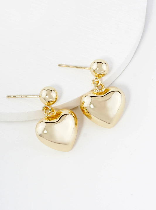 18K Gold Dipped Puffy Heart Drop Dangle Post Earrings