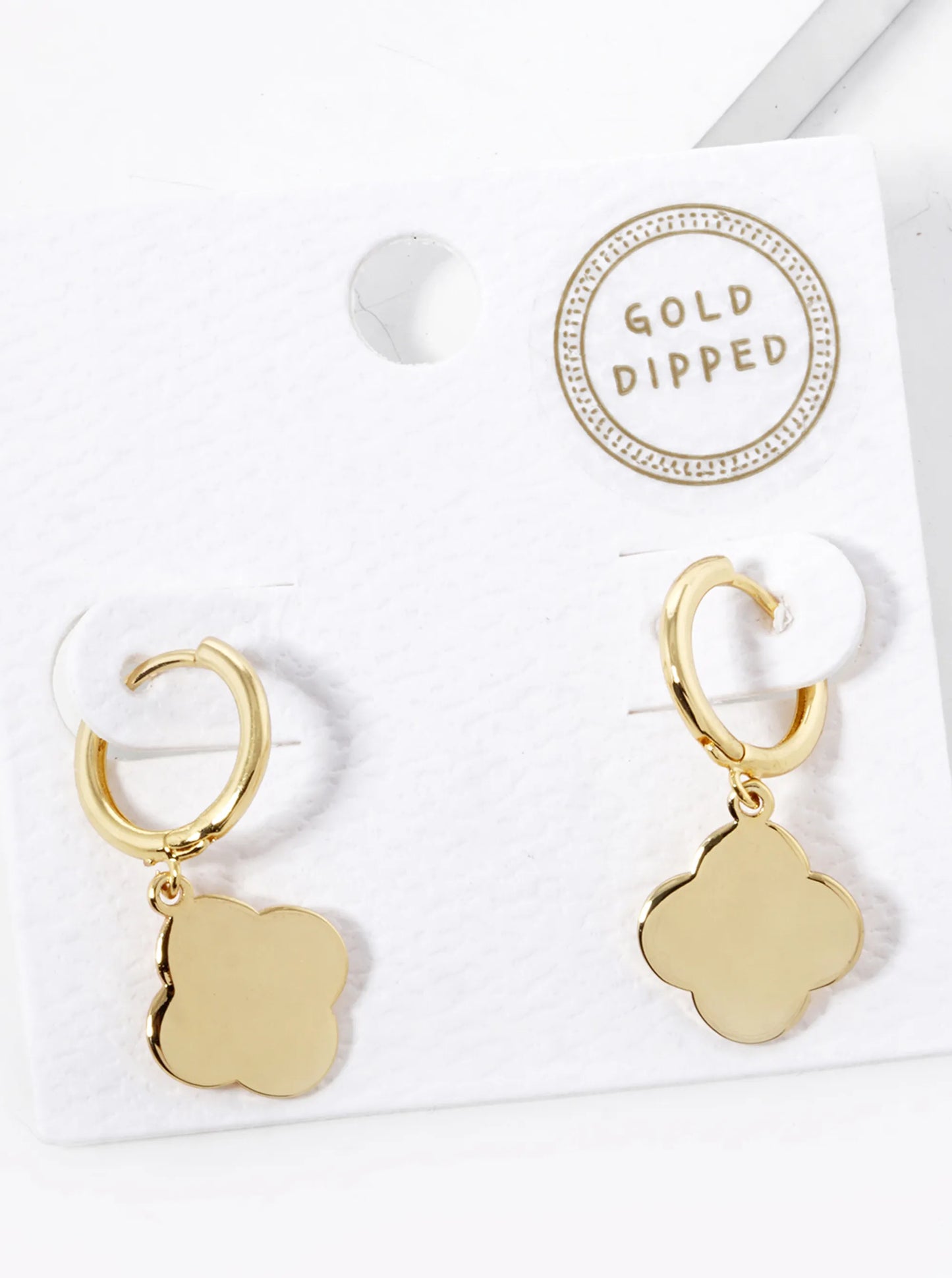 18K Gold Dipped Quatrefoil Drop 10mm Huggie Hoop Earrings
