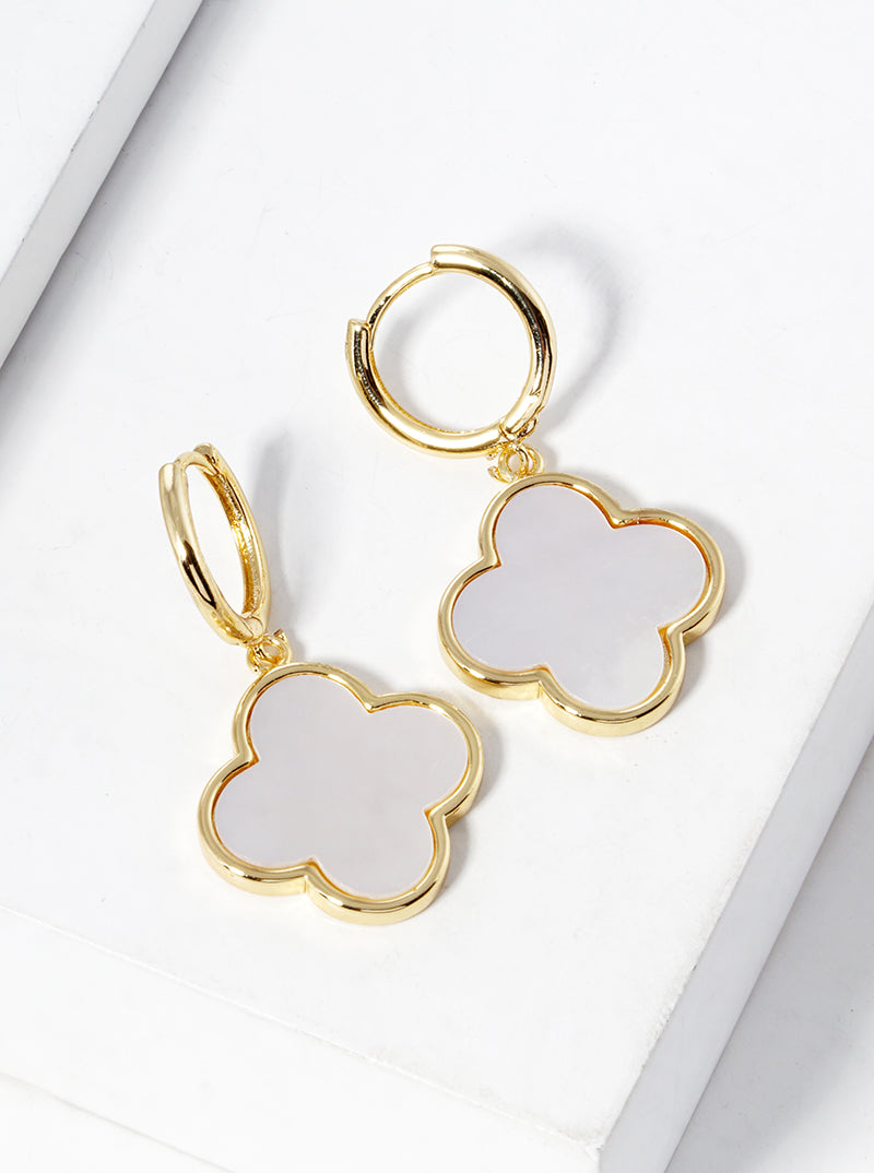 18K Gold Dipped Quatrefoil Drop Huggie Hoop Earrings