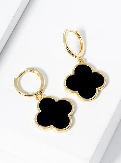 18K Gold Dipped Quatrefoil Drop Huggie Hoop Earrings