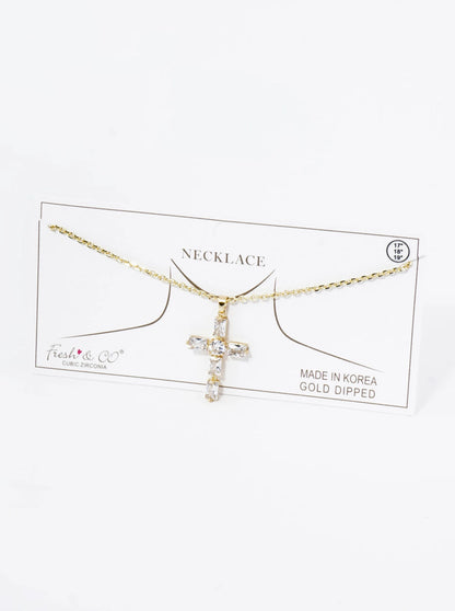 18K Gold Dipped Rectangular Cubic Zirconia Cross Pendant Necklace