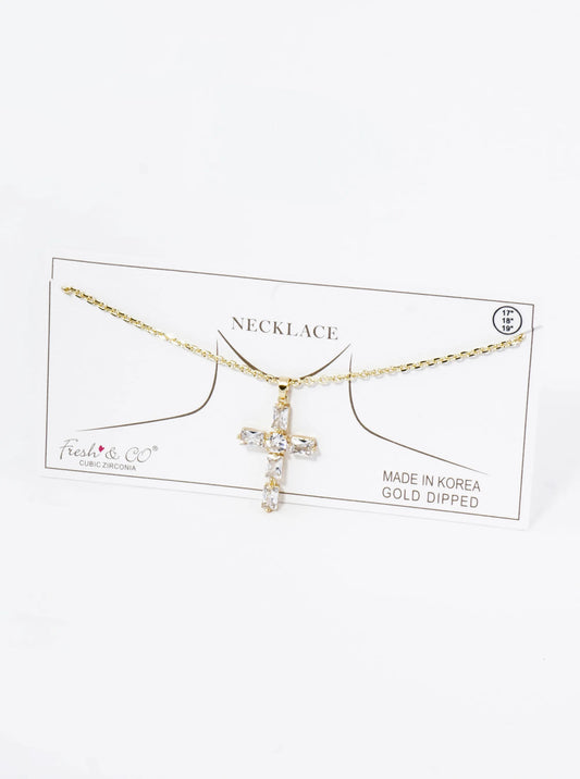 18K Gold Dipped Rectangular Cubic Zirconia Cross Pendant Necklace