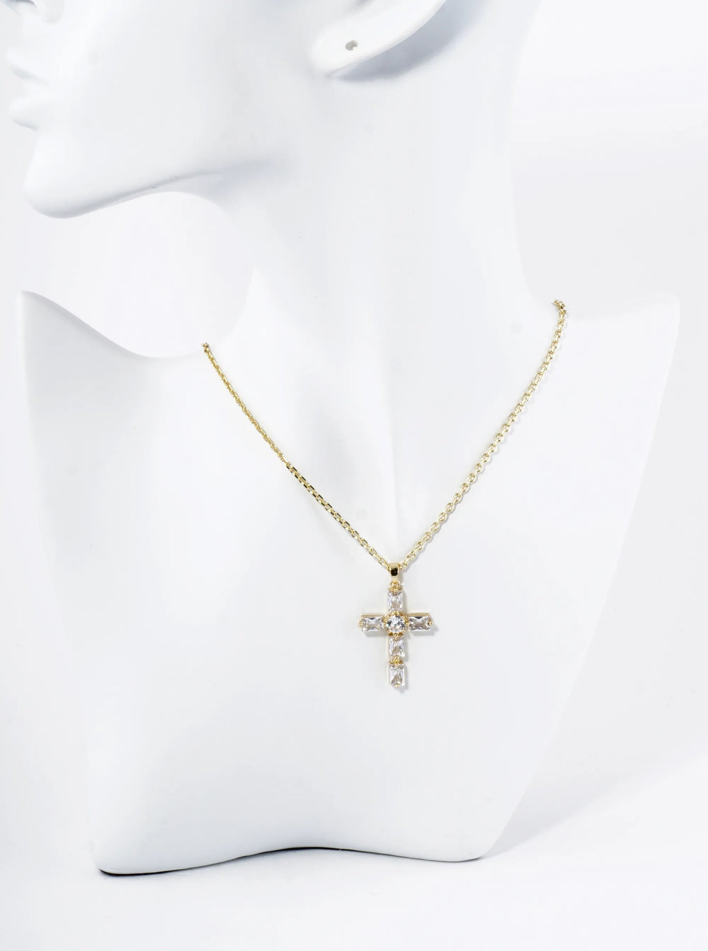 18K Gold Dipped Rectangular Cubic Zirconia Cross Pendant Necklace