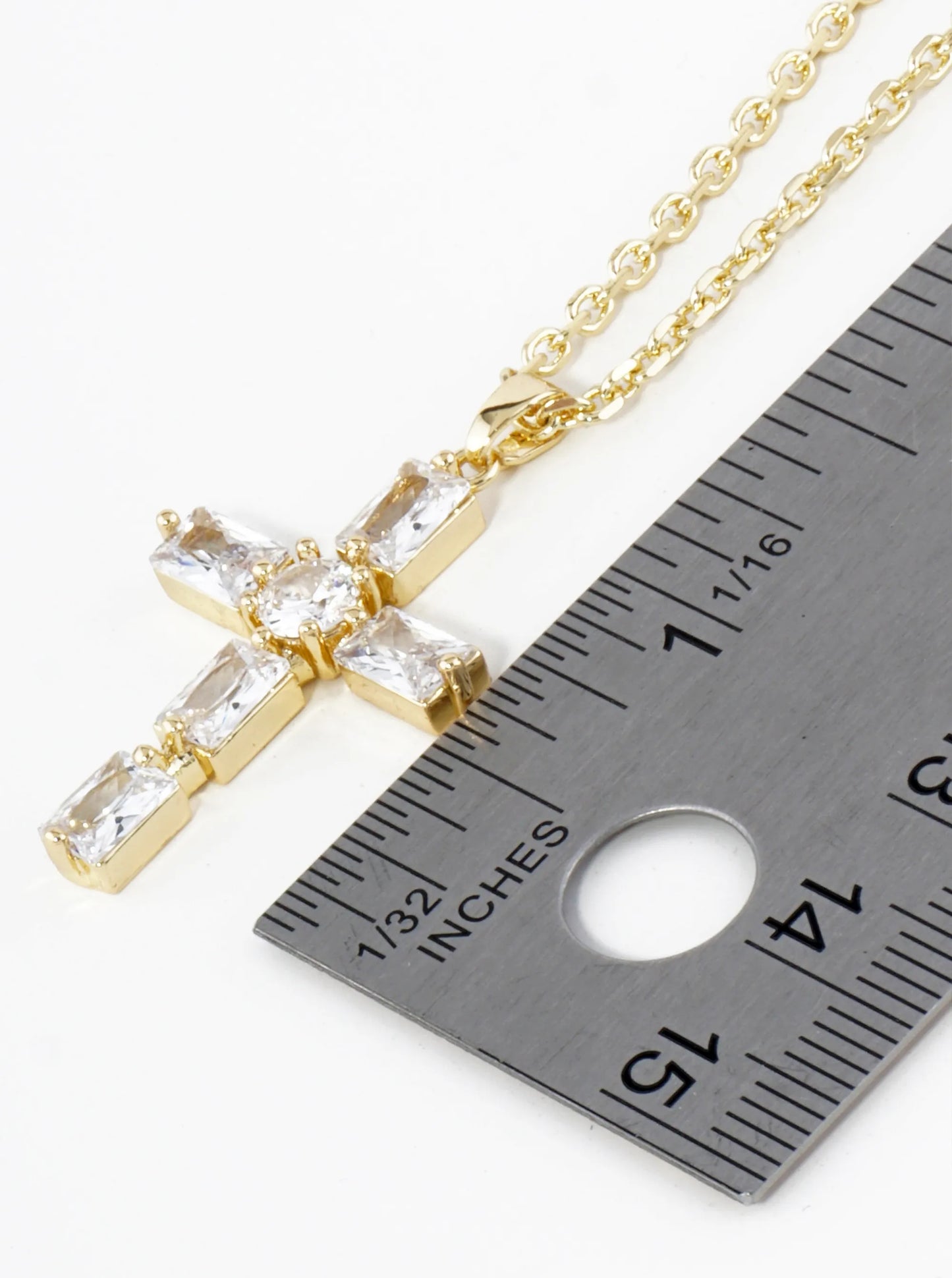 18K Gold Dipped Rectangular Cubic Zirconia Cross Pendant Necklace
