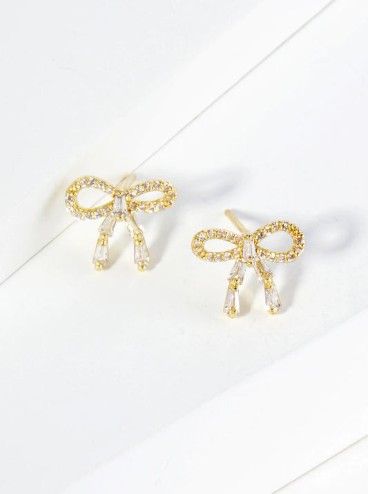 18K Gold Dipped Ribbon Bow Dainty Cubic Zirconia Stud Earrings