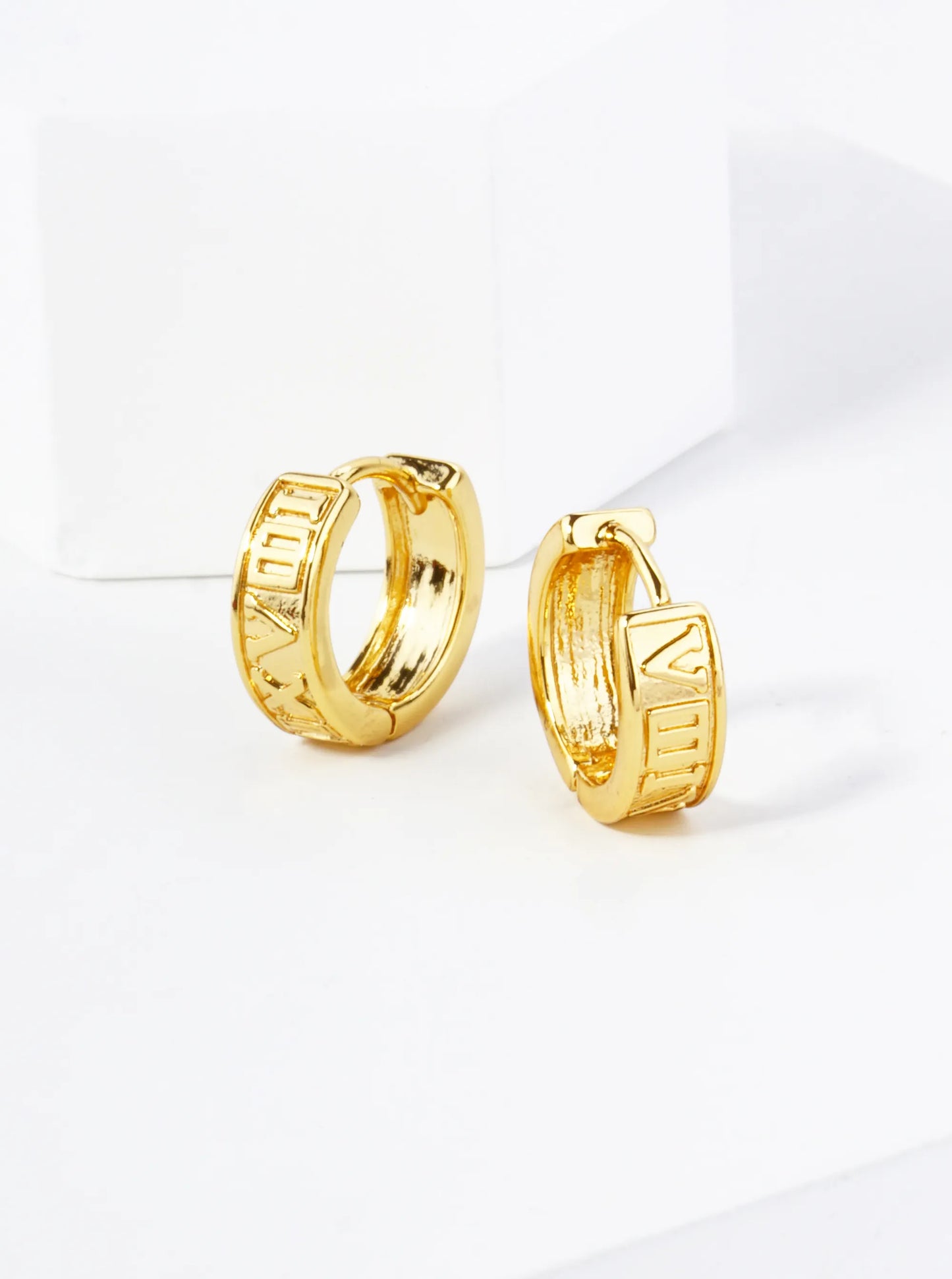 18K Gold Dipped Roman Numerals Engraved 11mm Brass Huggie Hoop Earrings