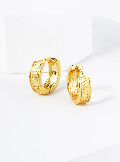 18K Gold Dipped Roman Numerals Engraved 11mm Brass Huggie Hoop Earrings