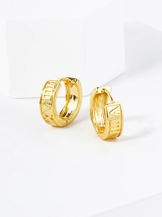 18K Gold Dipped Roman Numerals Engraved 11mm Brass Huggie Hoop Earrings