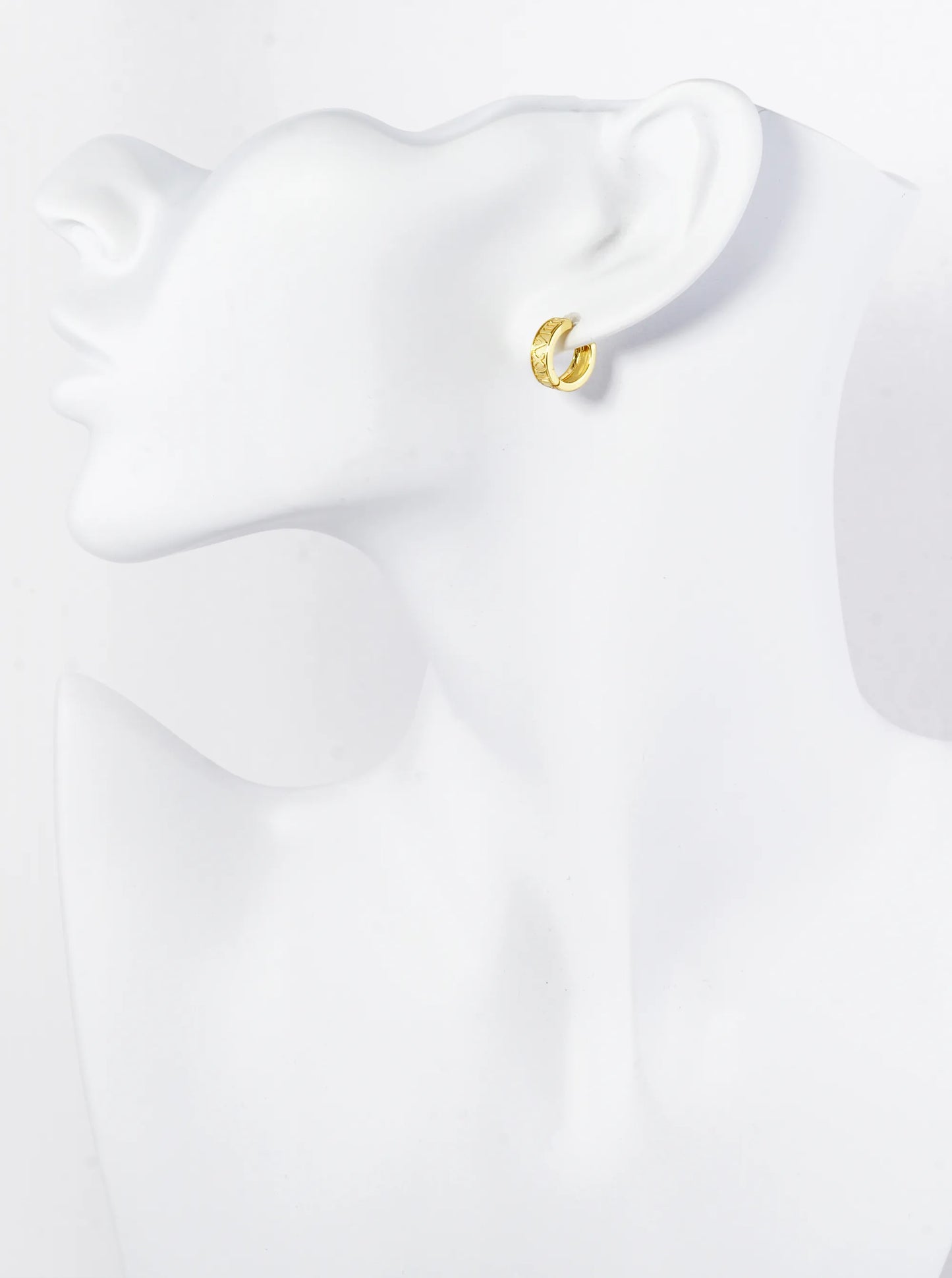 18K Gold Dipped Roman Numerals Engraved 11mm Brass Huggie Hoop Earrings