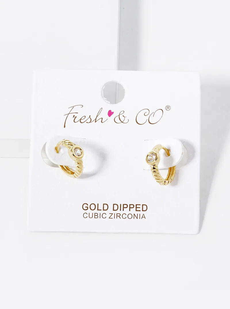 18K Gold Dipped Round CZ Stone 11mm Textured Huggie Hoop Earrings