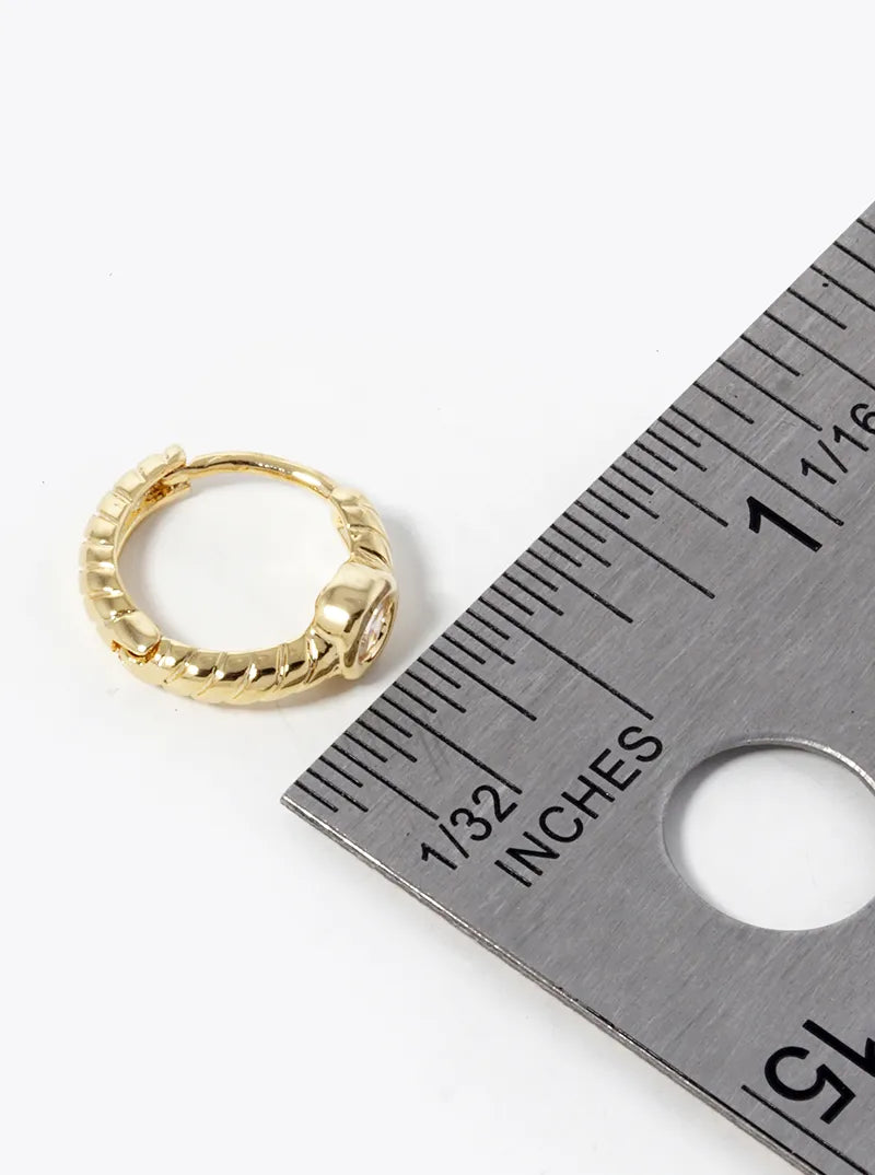 18K Gold Dipped Round CZ Stone 11mm Textured Huggie Hoop Earrings