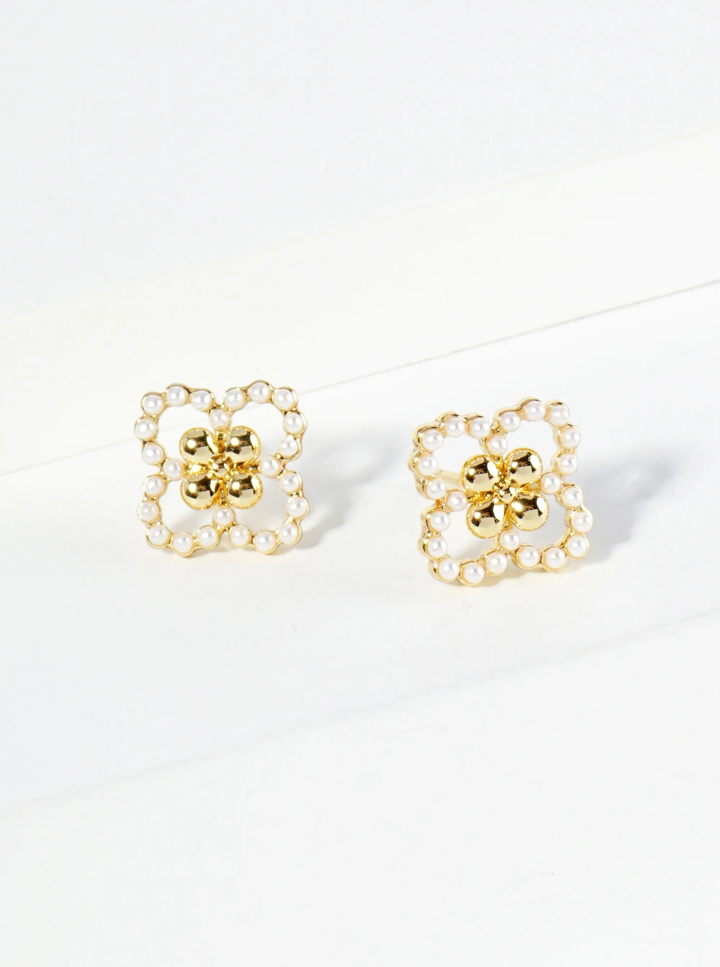 18K Gold Dipped Small Pearl Beaded Quatrefoil Stud Earrings