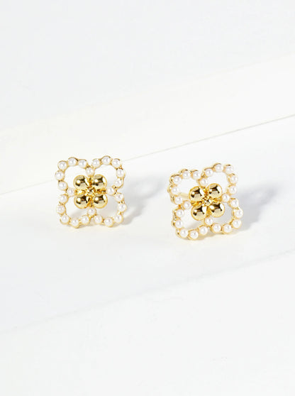 18K Gold Dipped Small Pearl Beaded Quatrefoil Stud Earrings