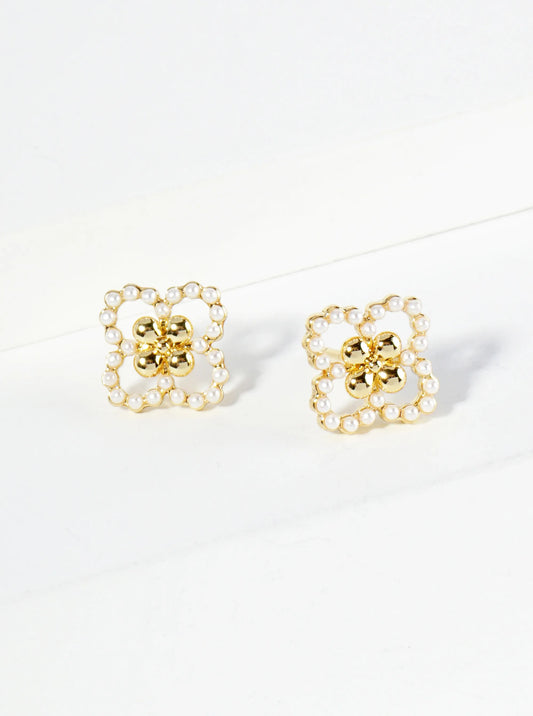 18K Gold Dipped Small Pearl Beaded Quatrefoil Stud Earrings