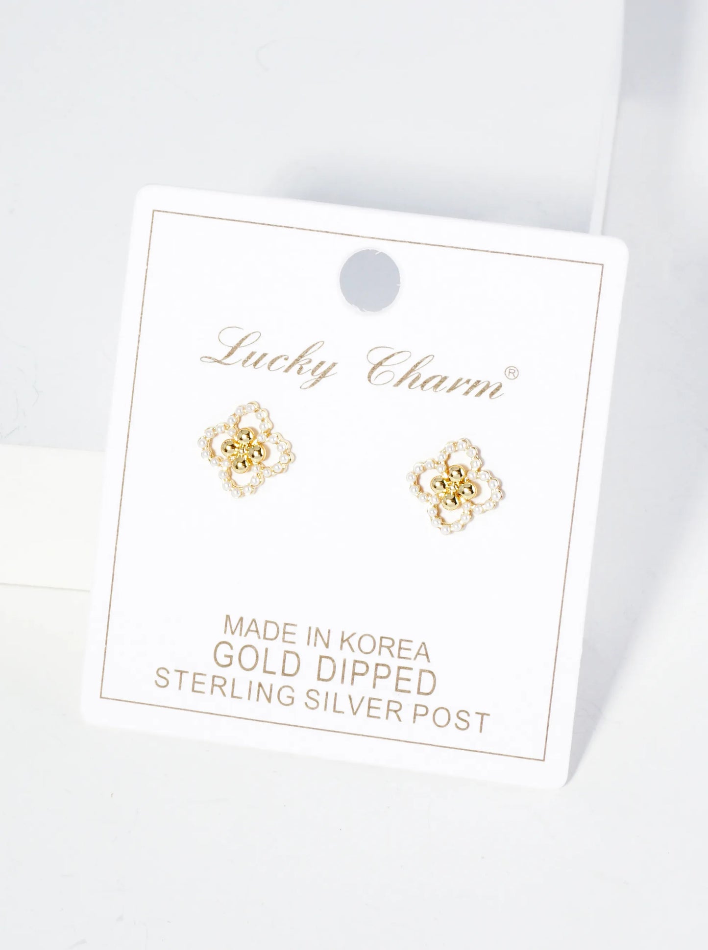 18K Gold Dipped Small Pearl Beaded Quatrefoil Stud Earrings