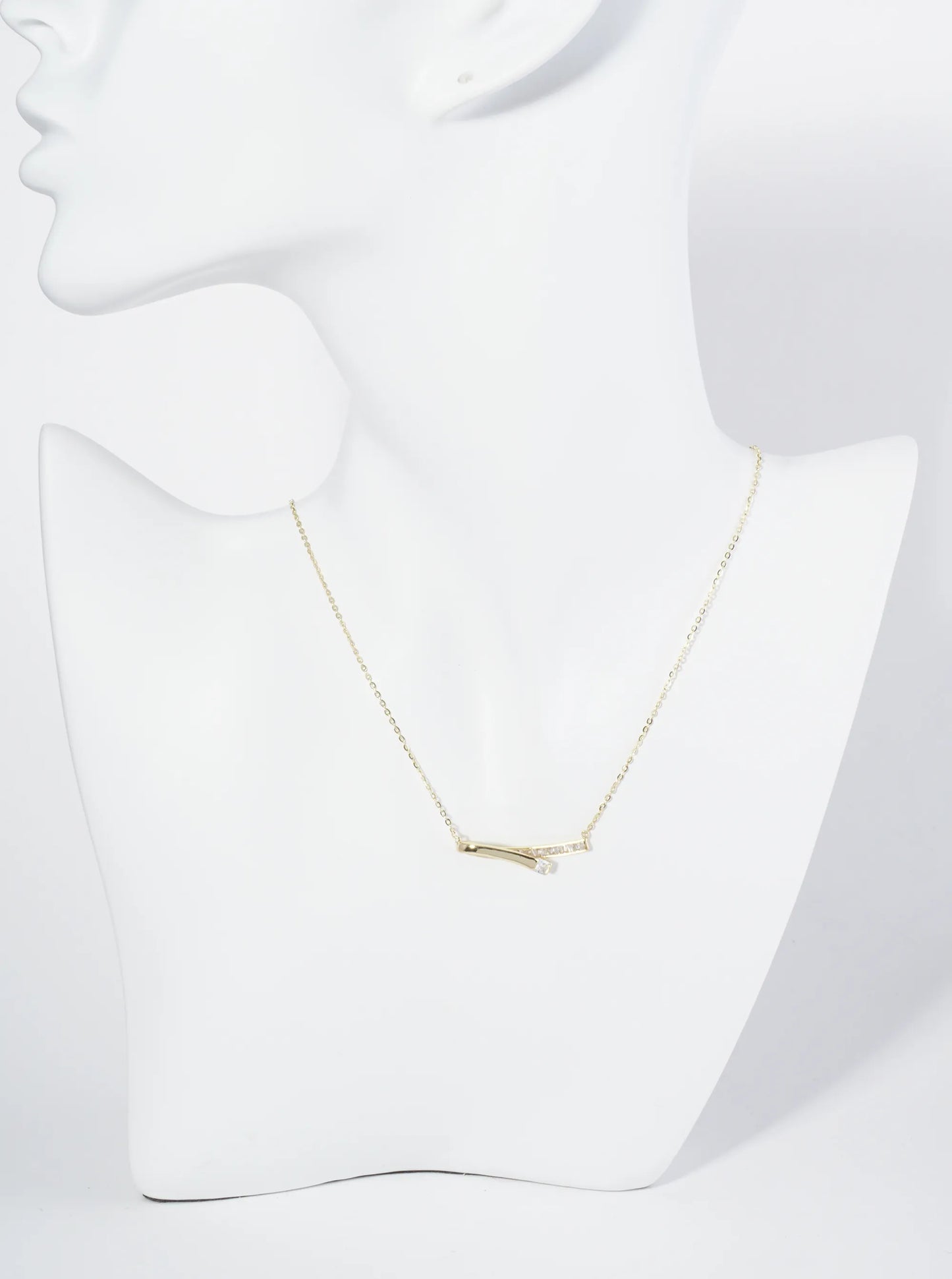 18K Gold Dipped Square CZ Embedded Curved Bar Pendant Necklace