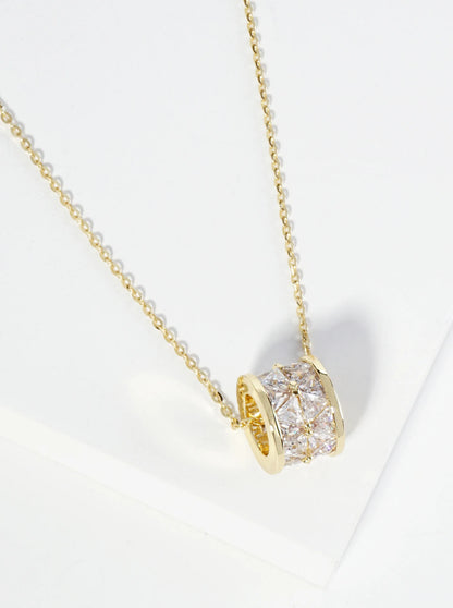 18K Gold Dipped Square CZ Embedded Eternity Rondelle Wheel Pendant Necklace