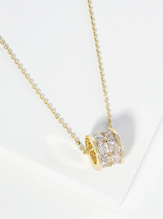 18K Gold Dipped Square CZ Embedded Eternity Rondelle Wheel Pendant Necklace