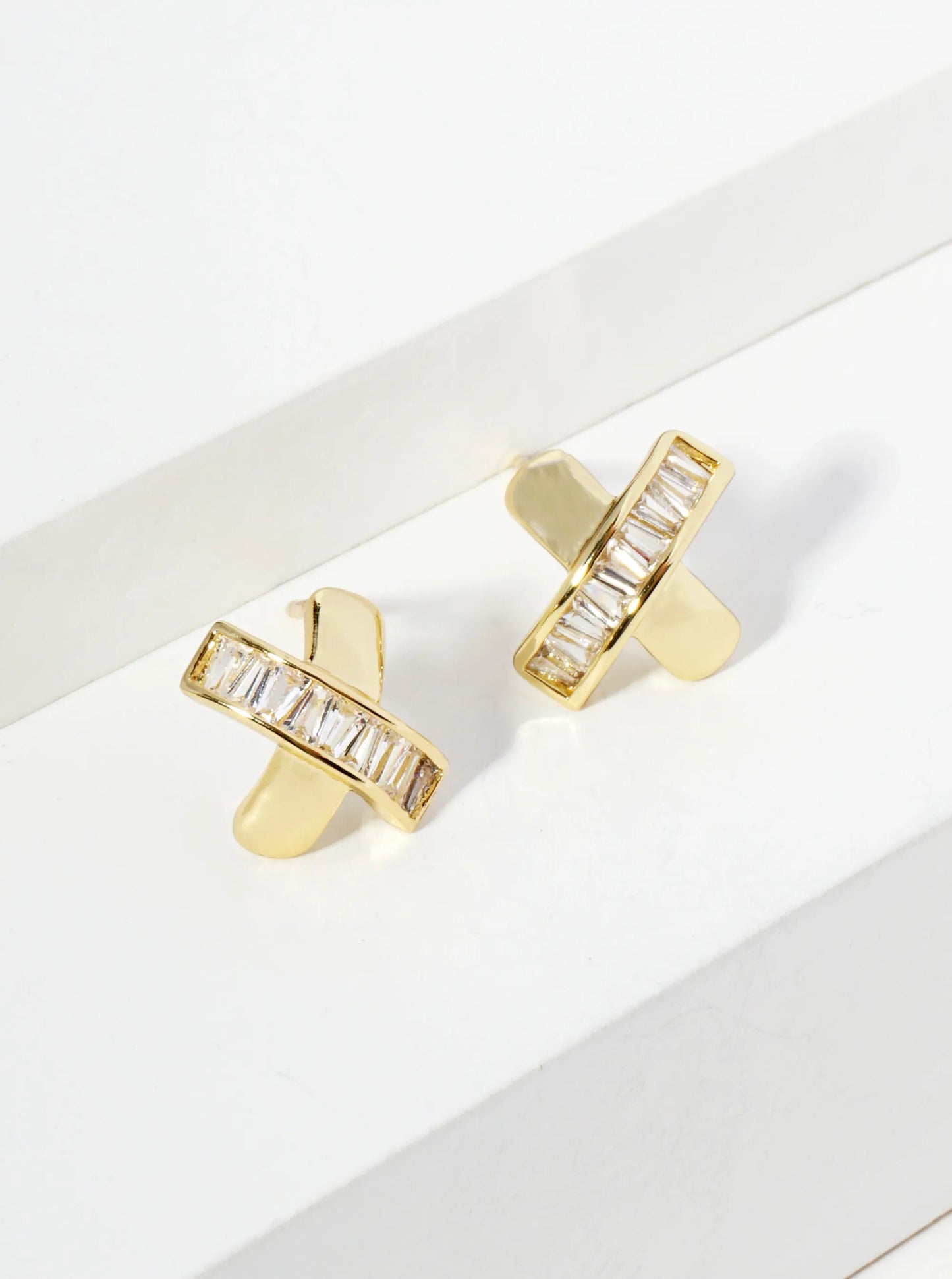 18K Gold Dipped Square CZ Embedded X Stud Earrings