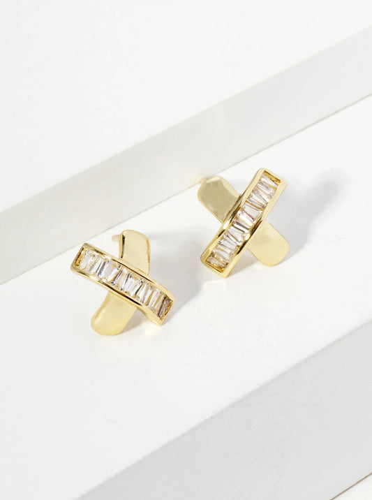 18K Gold Dipped Square CZ Embedded X Stud Earrings