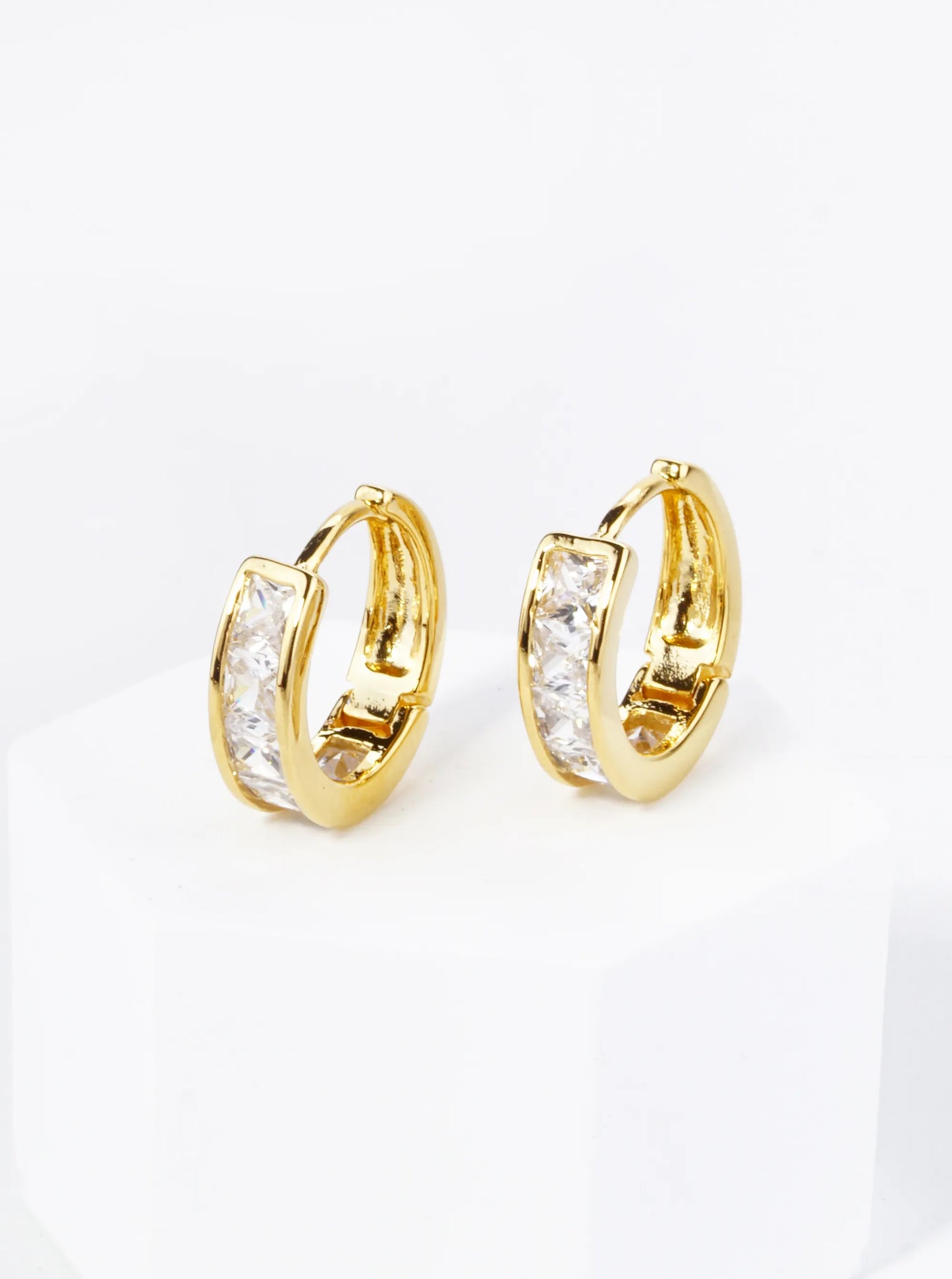 18K Gold Dipped Square CZ Pave 14mm Brass Huggie Hoop Earrings