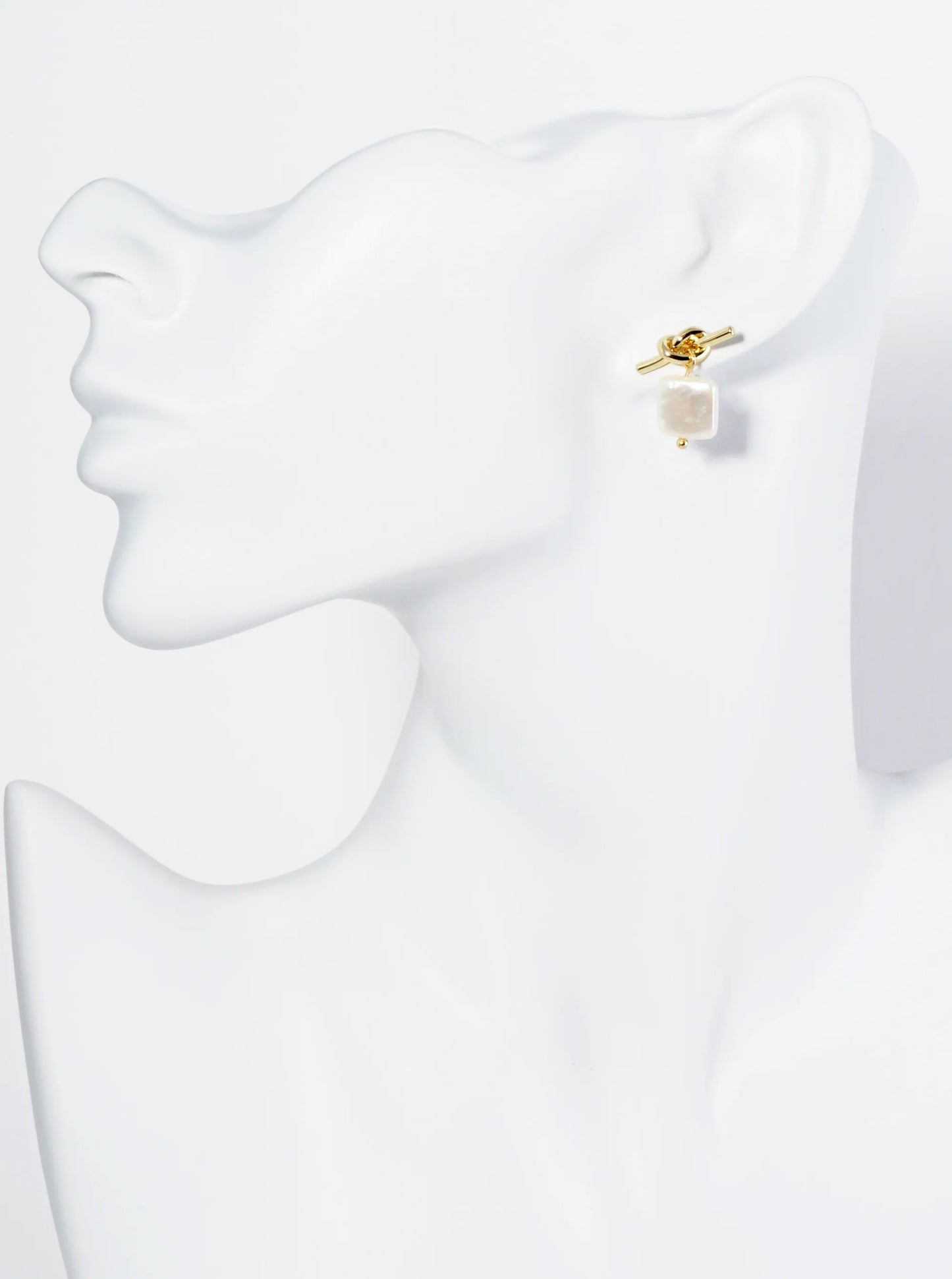 18K Gold Dipped Square Freshwater Pearl Drop Love Knot Post Earrings