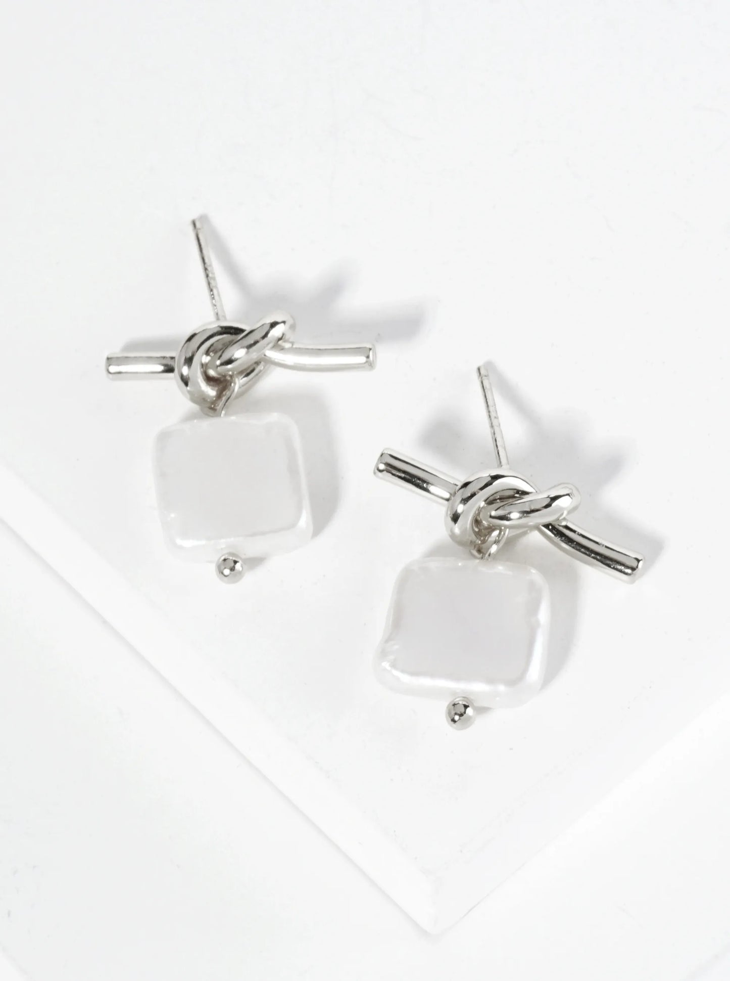 18K Gold Dipped Square Freshwater Pearl Drop Love Knot Post Earrings