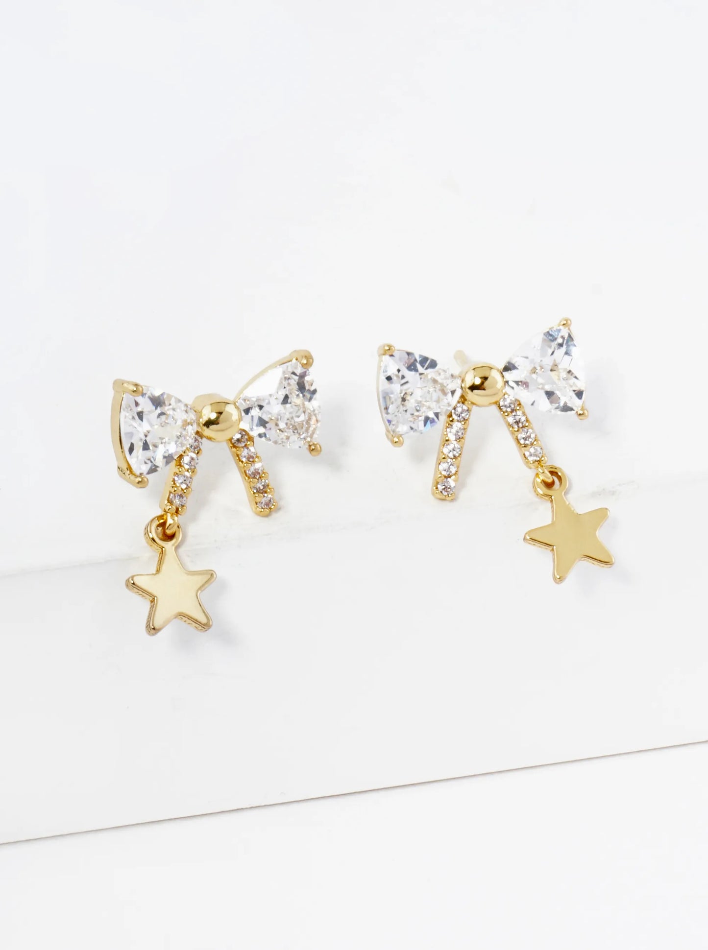 18K Gold Dipped Star Drop Cubic Zirconia Ribbon Bow Stud Earrings