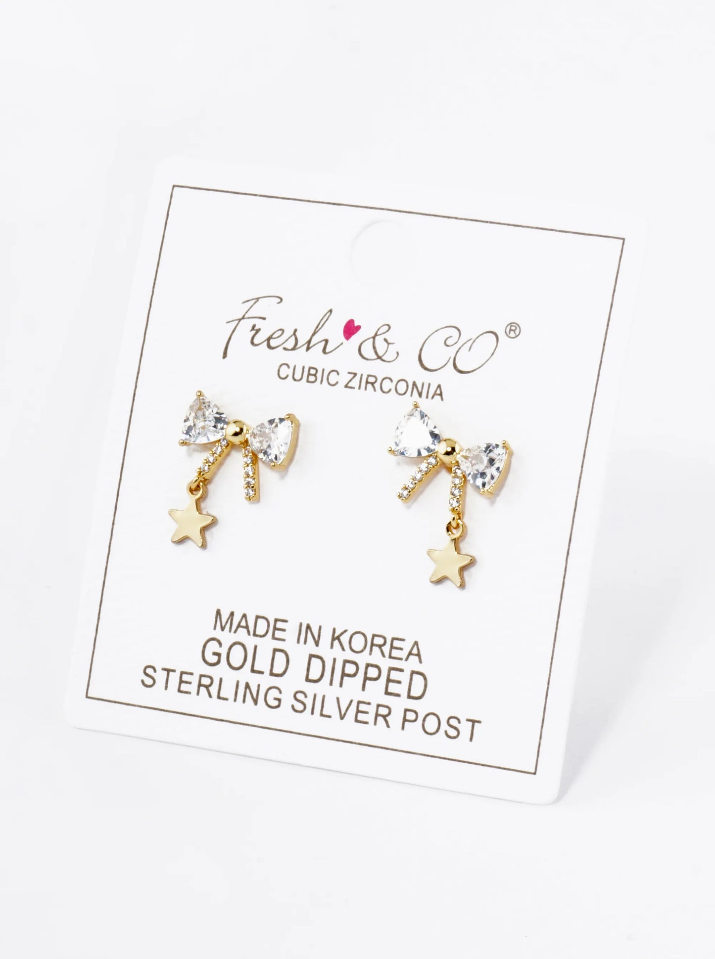 18K Gold Dipped Star Drop Cubic Zirconia Ribbon Bow Stud Earrings