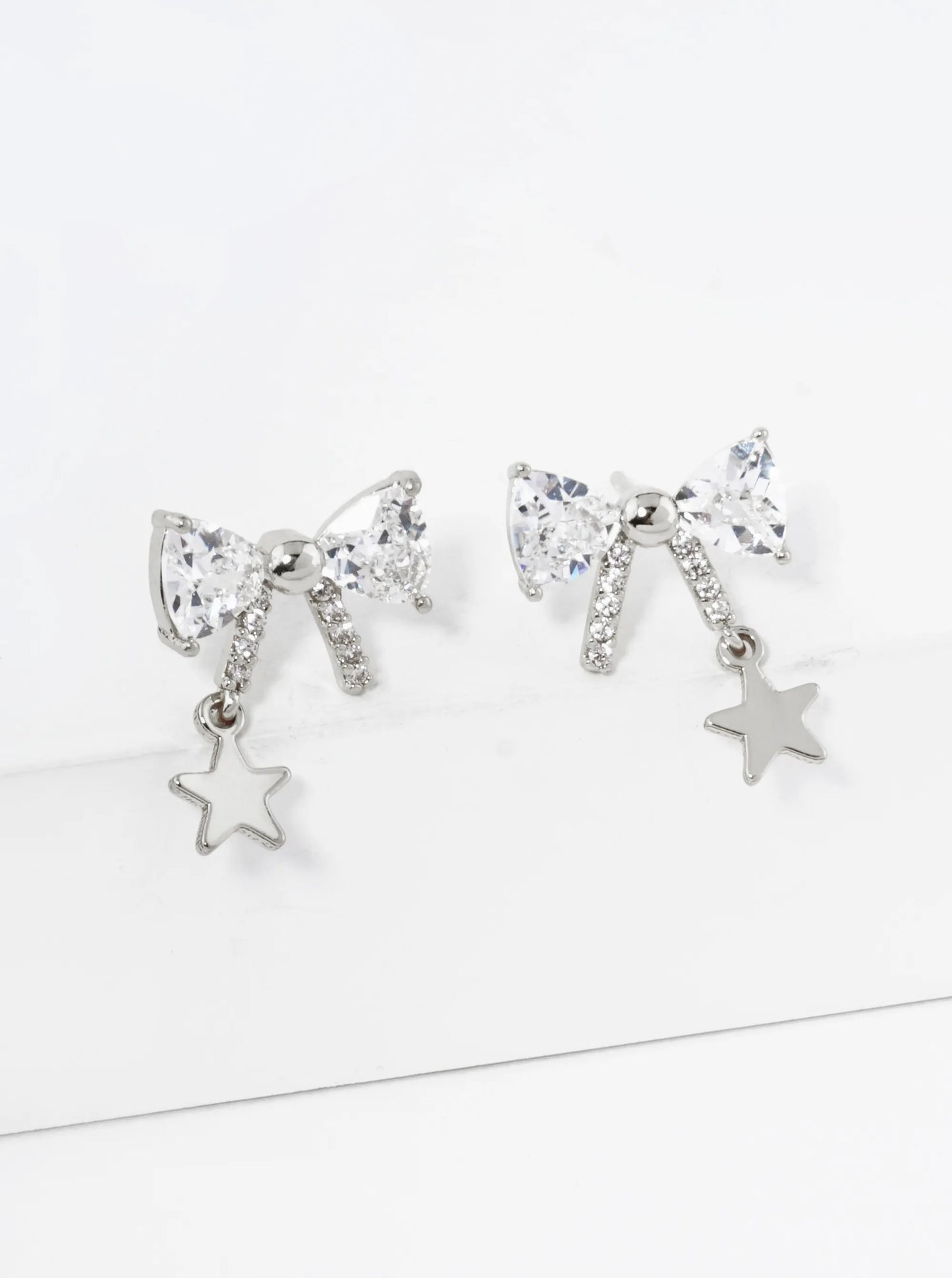 18K Gold Dipped Star Drop Cubic Zirconia Ribbon Bow Stud Earrings