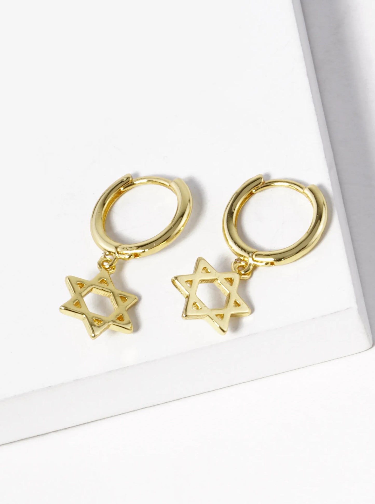 18K Gold Dipped Star Of David Drop 10mm Huggie Hoop Earrings