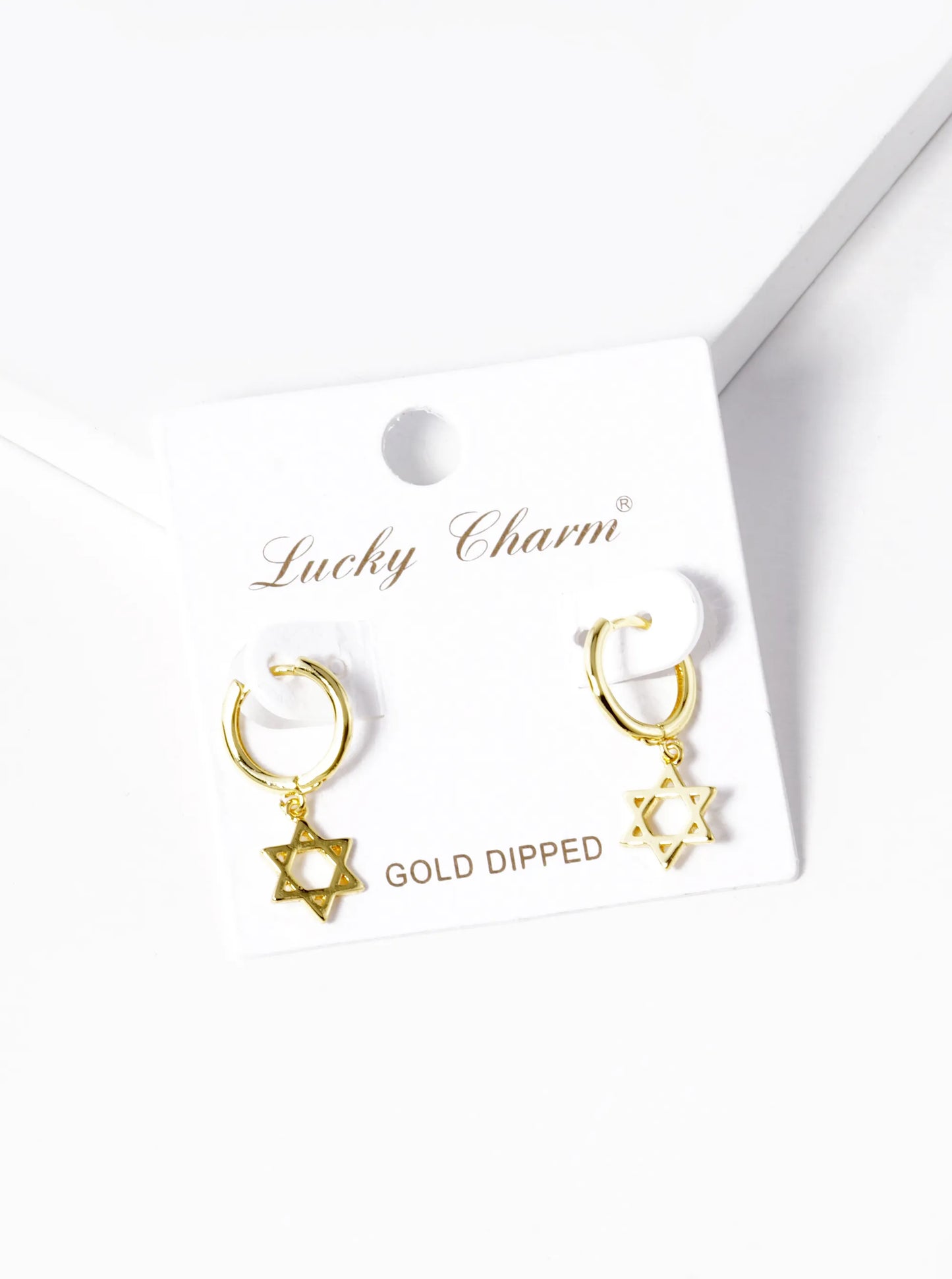 18K Gold Dipped Star Of David Drop 10mm Huggie Hoop Earrings