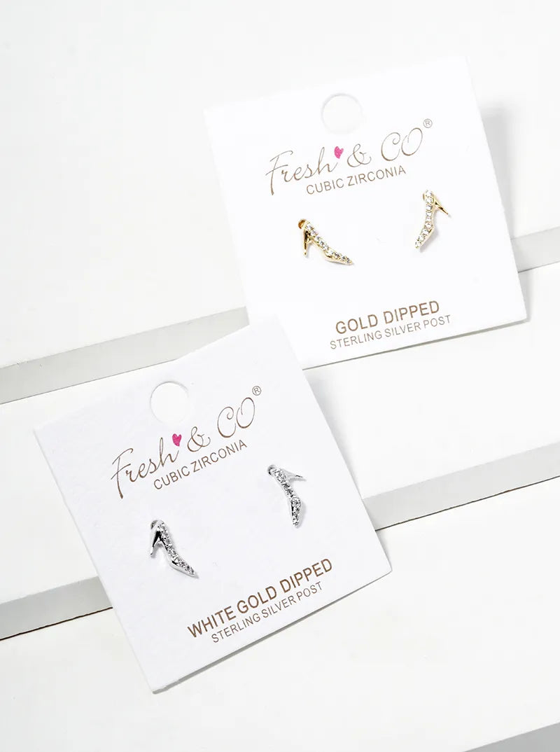 18K Gold Dipped Symmetrical CZ Pave Dainty High Heel Stud Earrings