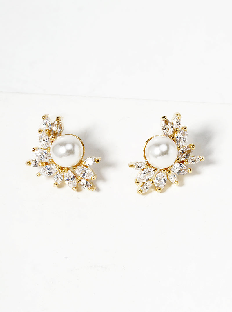18K Gold Dipped Symmetrical CZ Pave Pearl Post Stud Earrings