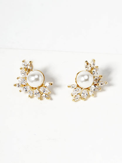 18K Gold Dipped Symmetrical CZ Pave Pearl Post Stud Earrings